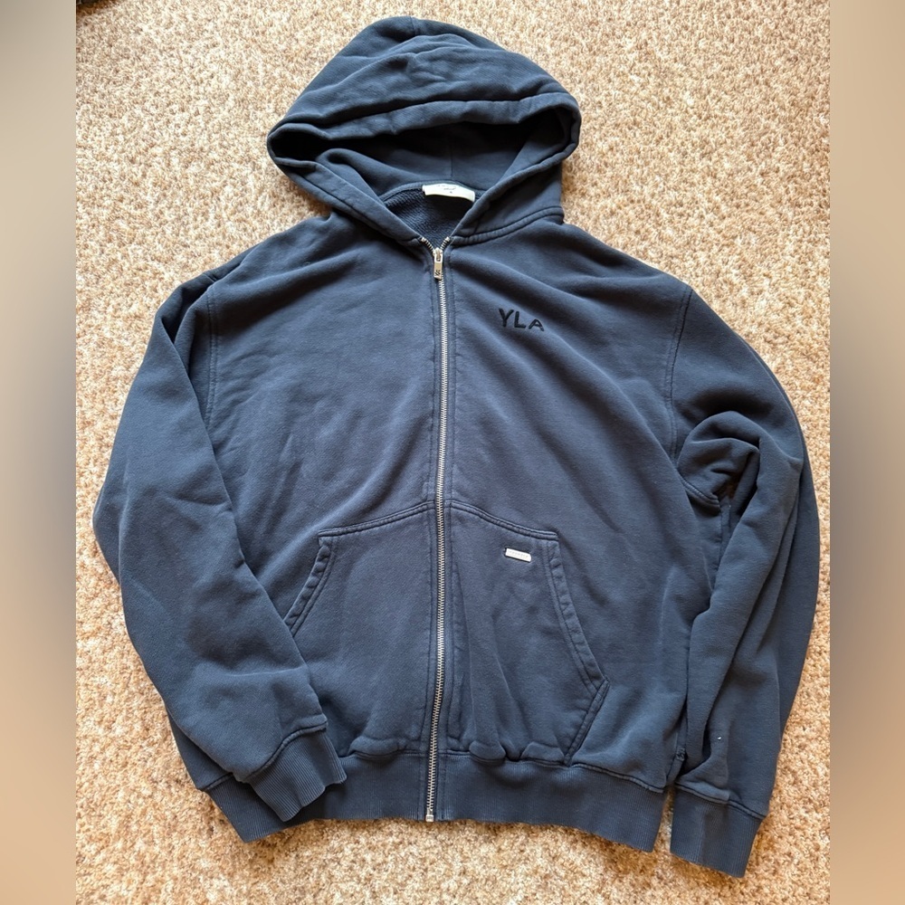 YoungLA Hoodie Sweatshirt Mens Small dark blue Full Zip YLA Back Logo Graphic